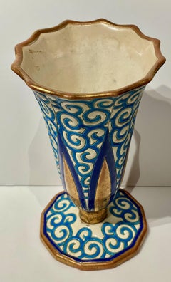 Longwy Art Deco French Cloisonné Ceramic Vase with Triangles