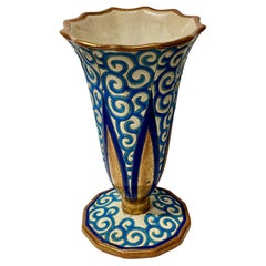 Longwy Art Deco French Cloisonné Ceramic Vase with Triangles