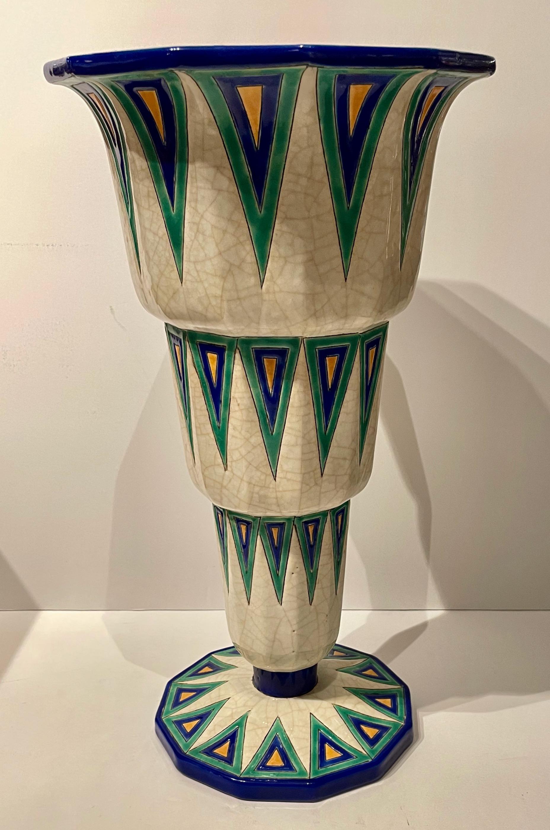 Longwy Art Deco French Cloisonné ceramic vase. Stunning extra large size, bright color with faceted base. Triangular design treatment of blue, turquoise, and gold with repeated triangles repeated downwards in stepped design intersected in triangular