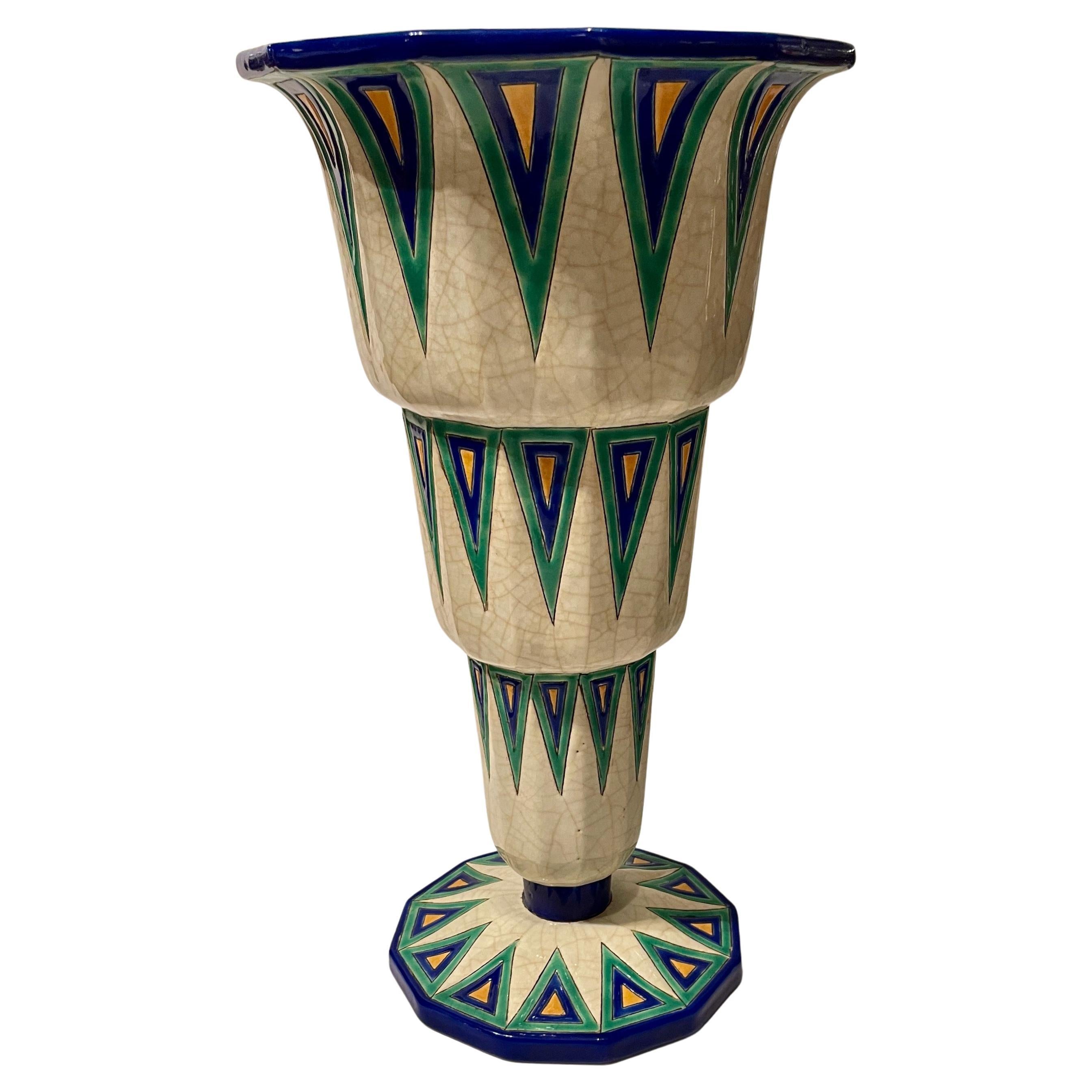 Longwy Art Deco Französische Cloisonné-Keramikvase mit Dreiecken in Großformat im Angebot