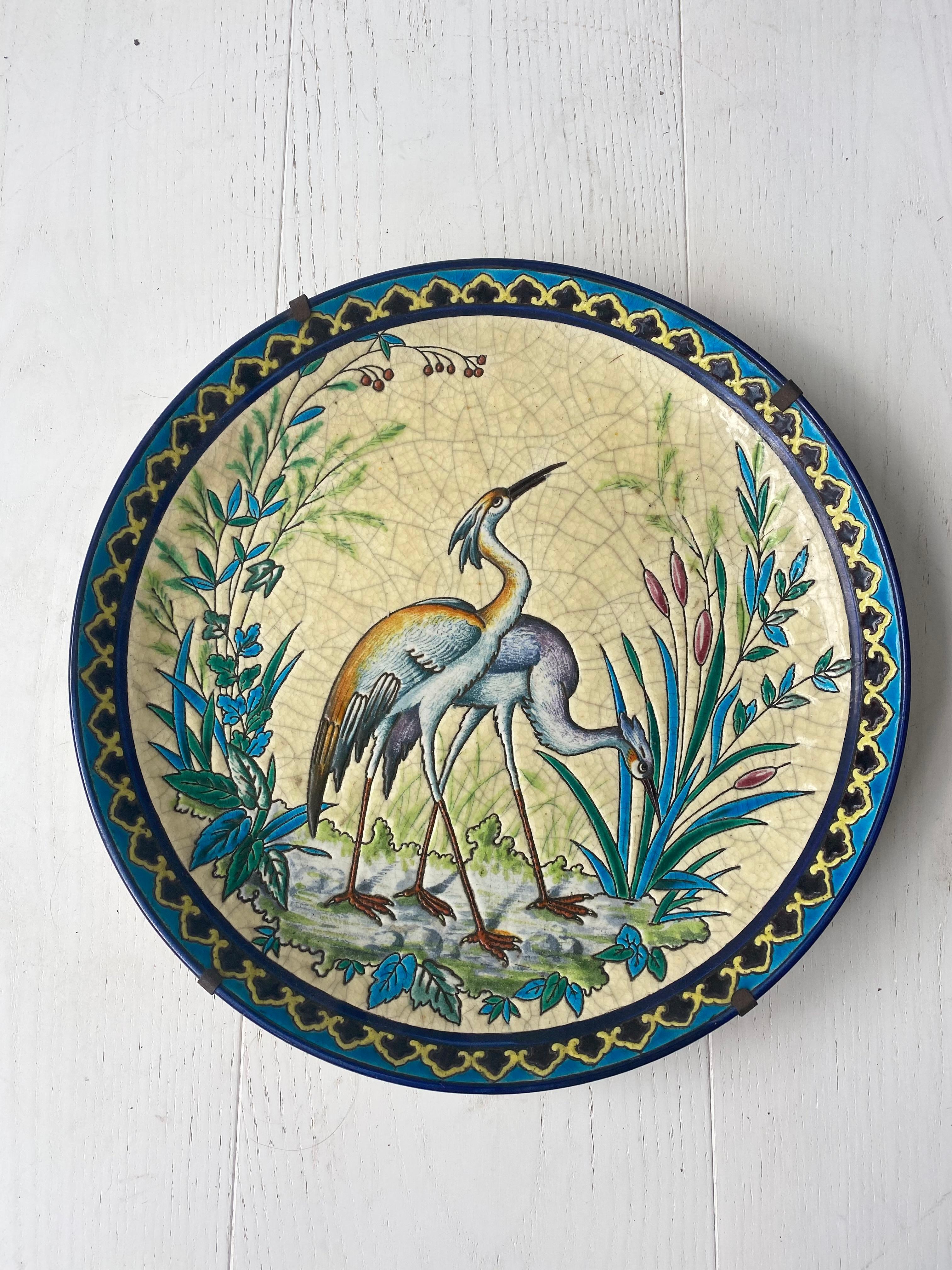 20th Century Longwy Ceramic Charger Plate Hand Painted For Sale