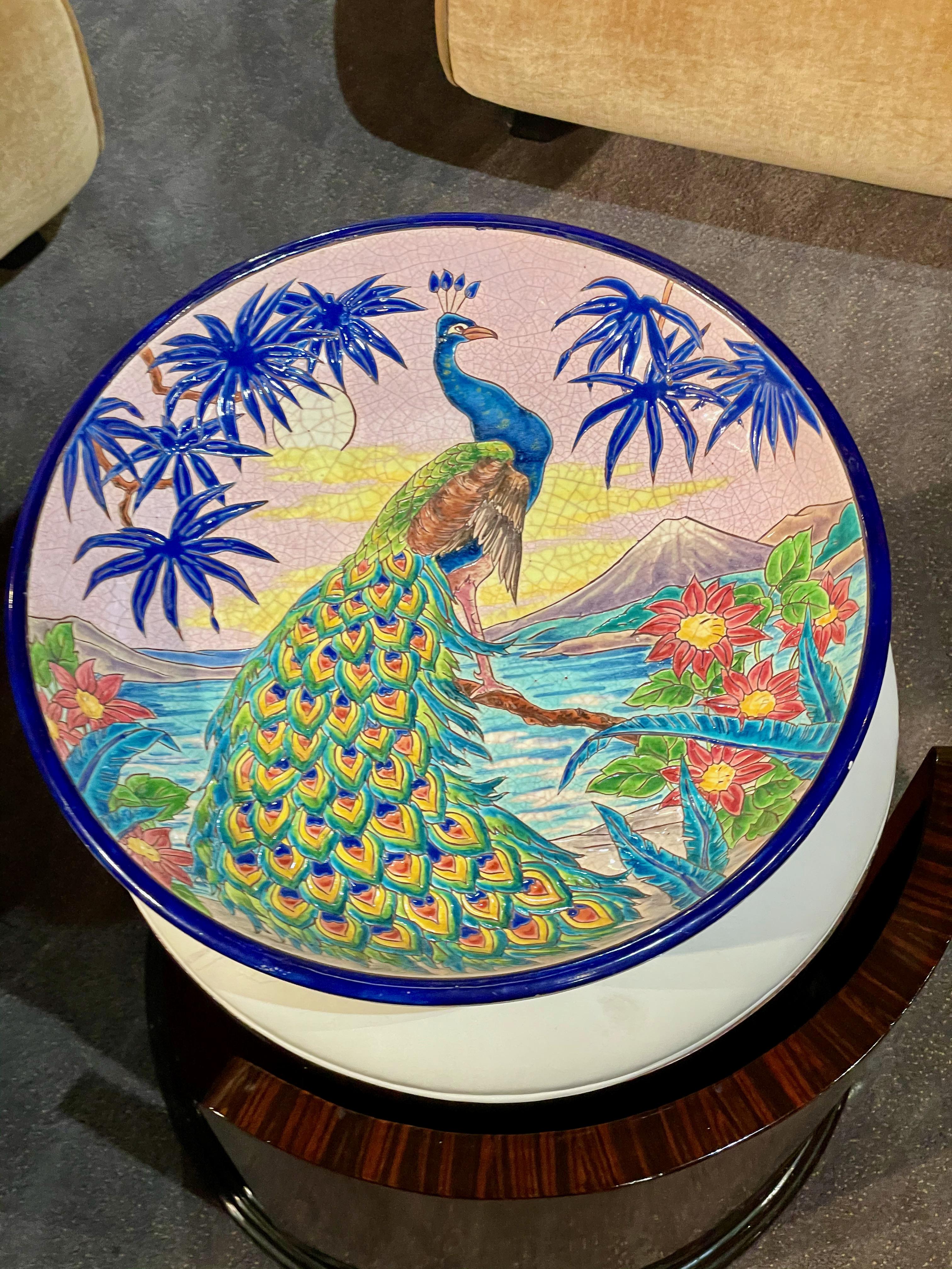 Longwy Ceramic Cloisonné Charger Artist Signed French Art Deco In Good Condition For Sale In Oakland, CA