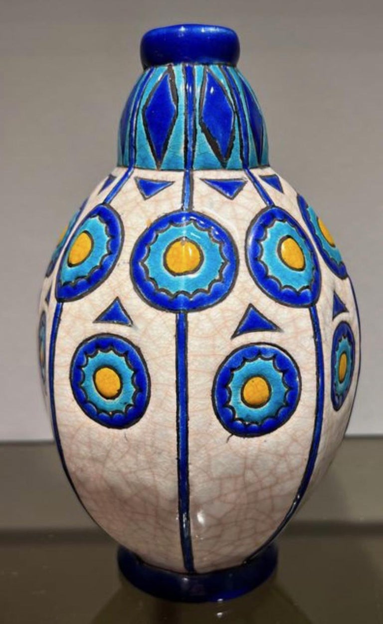 Longwy Cloisonné Ovid Shaped Vase Unique French Art Deco In Good Condition For Sale In Oakland, CA