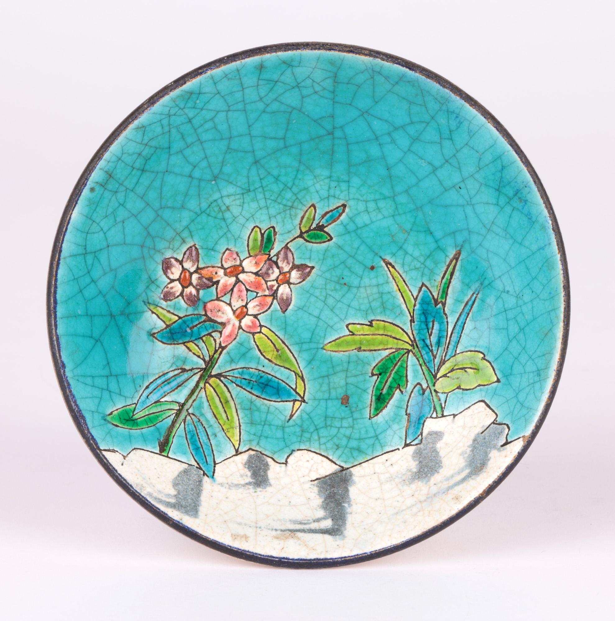 19th Century Longwy Early French Majolica Glazed Floral Landscape Pin Dish For Sale