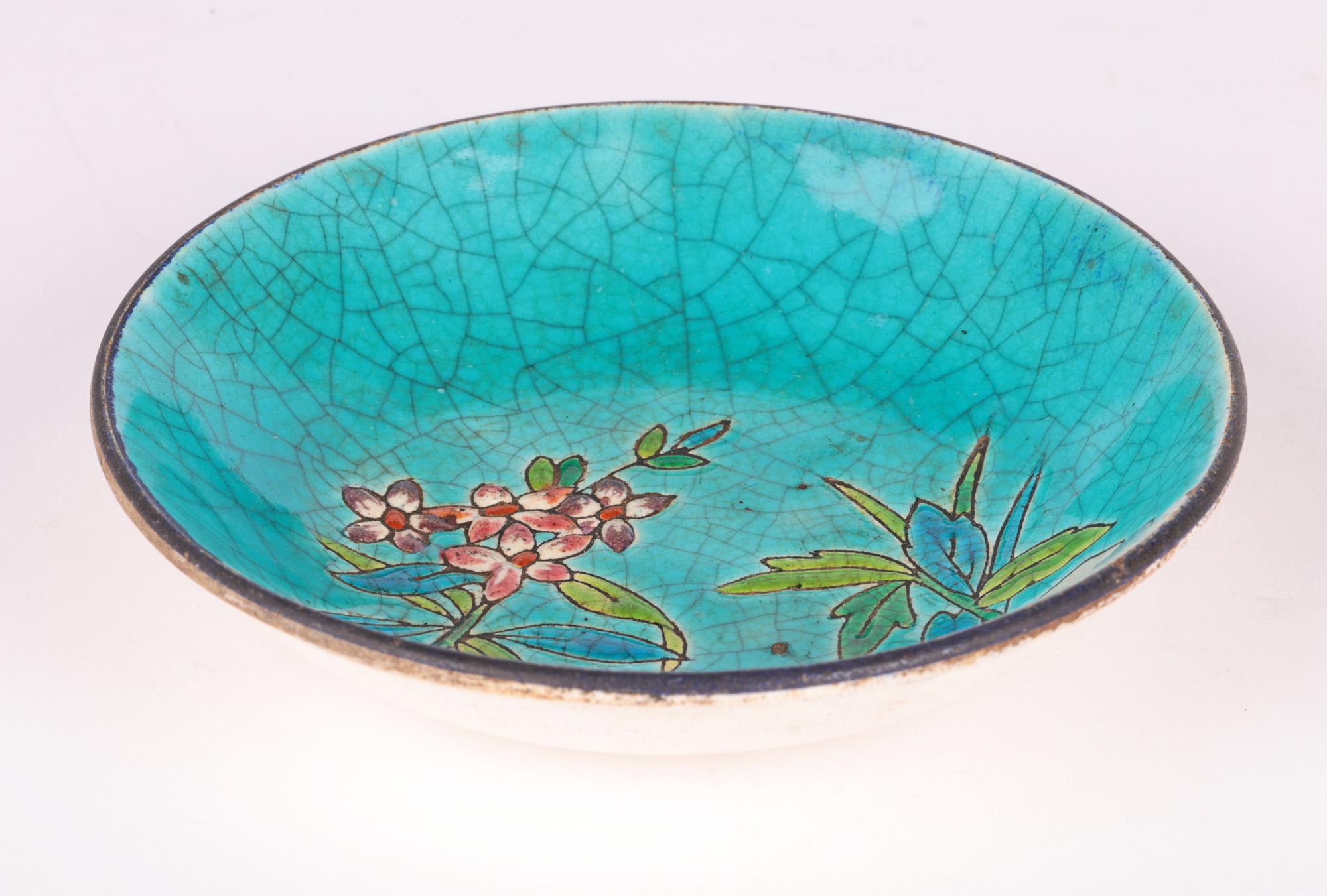 Pottery Longwy Early French Majolica Glazed Floral Landscape Pin Dish For Sale