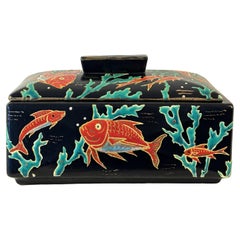 Longwy Enamel Biscuit Box, Neptune Model, Signed Mp Chevallier, 20th Century.