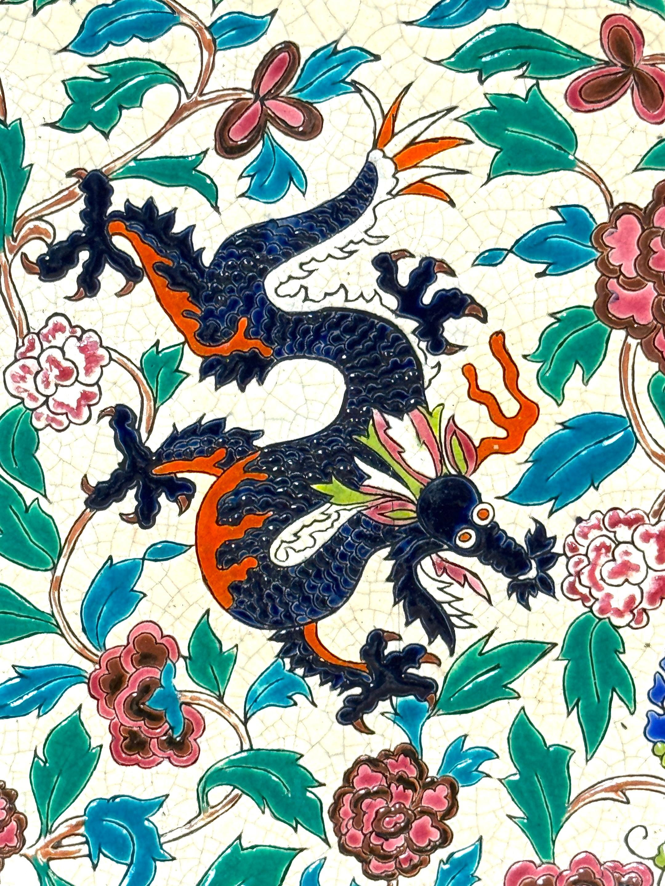 Longwy Faience Cloisonné-Style Enamel Charger Dragon, Peonies, & Butterflies For Sale 2