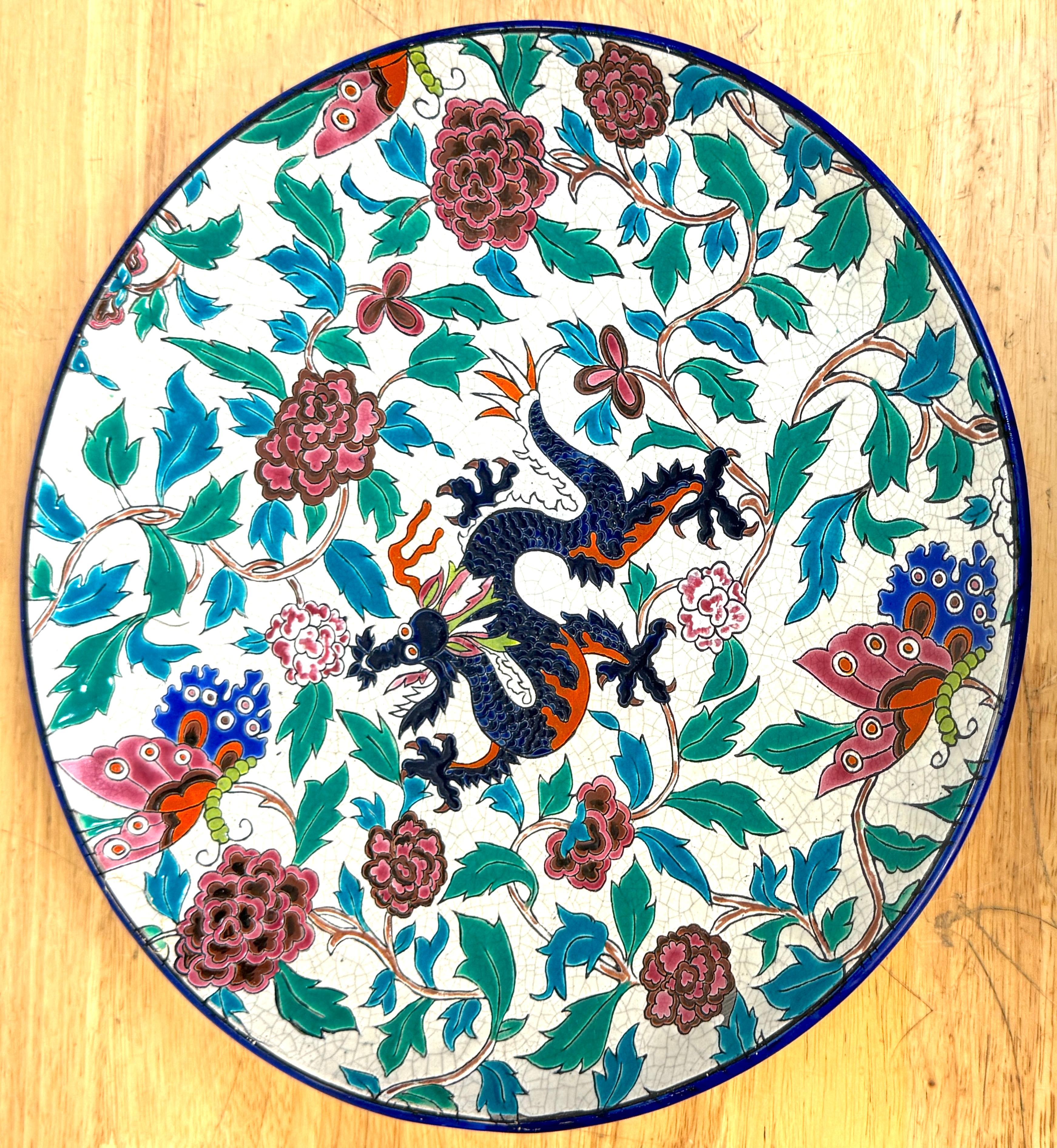 Longwy Faience Cloisonné-Style Enamel Charger Dragon, Peonies, & Butterflies For Sale 3