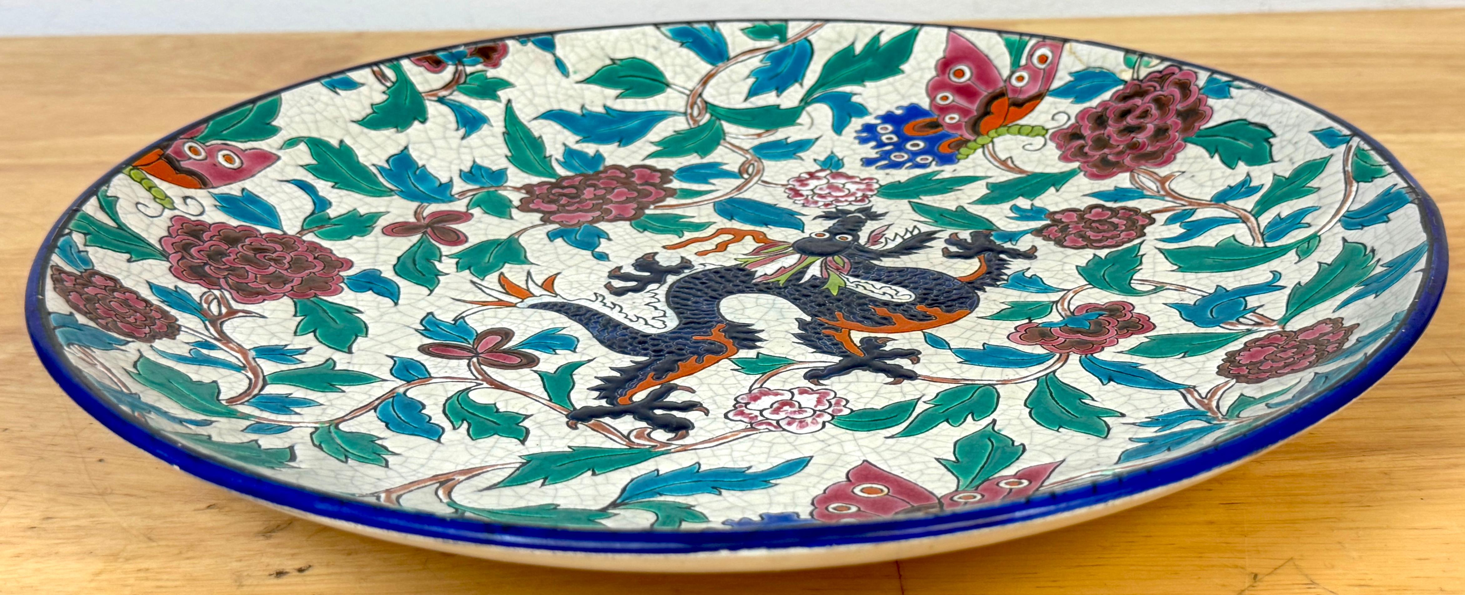 Longwy Faience Cloisonné-Style Enamel Charger Dragon, Peonies, & Butterflies For Sale 5