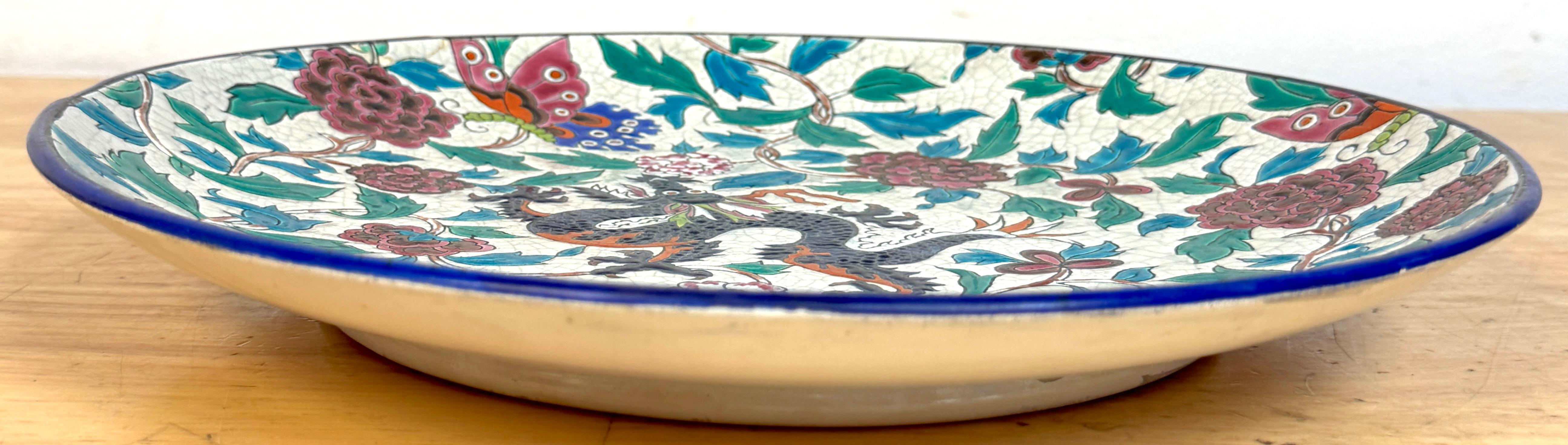 Longwy Faience Cloisonné-Style Enamel Charger Dragon, Peonies, & Butterflies For Sale 6