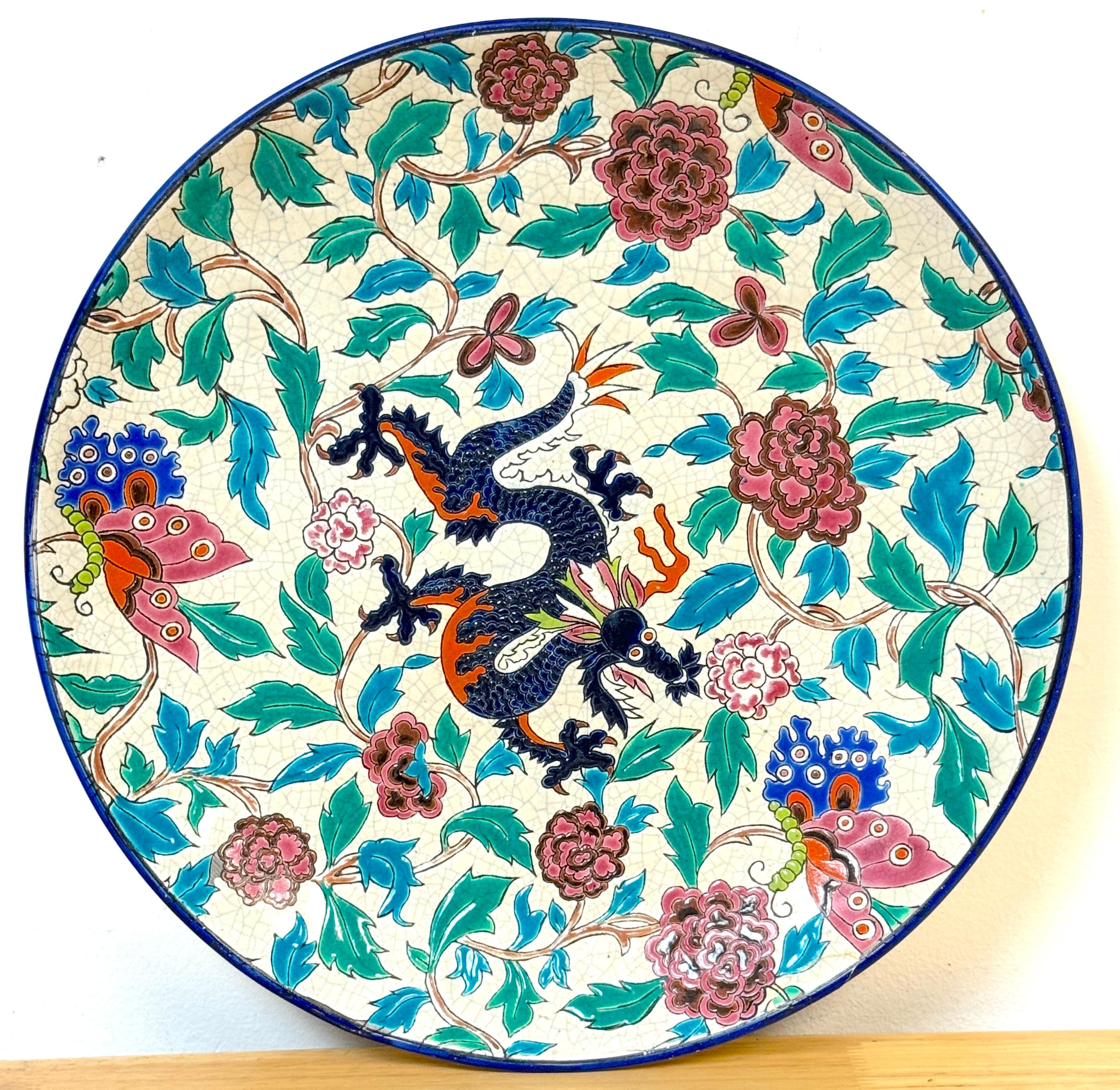 Longwy Faience Cloisonné-Style Enamel Charger with Dragon, Peonies, and Butterflies, 13