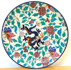 Longwy Faience Cloisonné-Style Enamel Charger Dragon, Peonies, & Butterflies