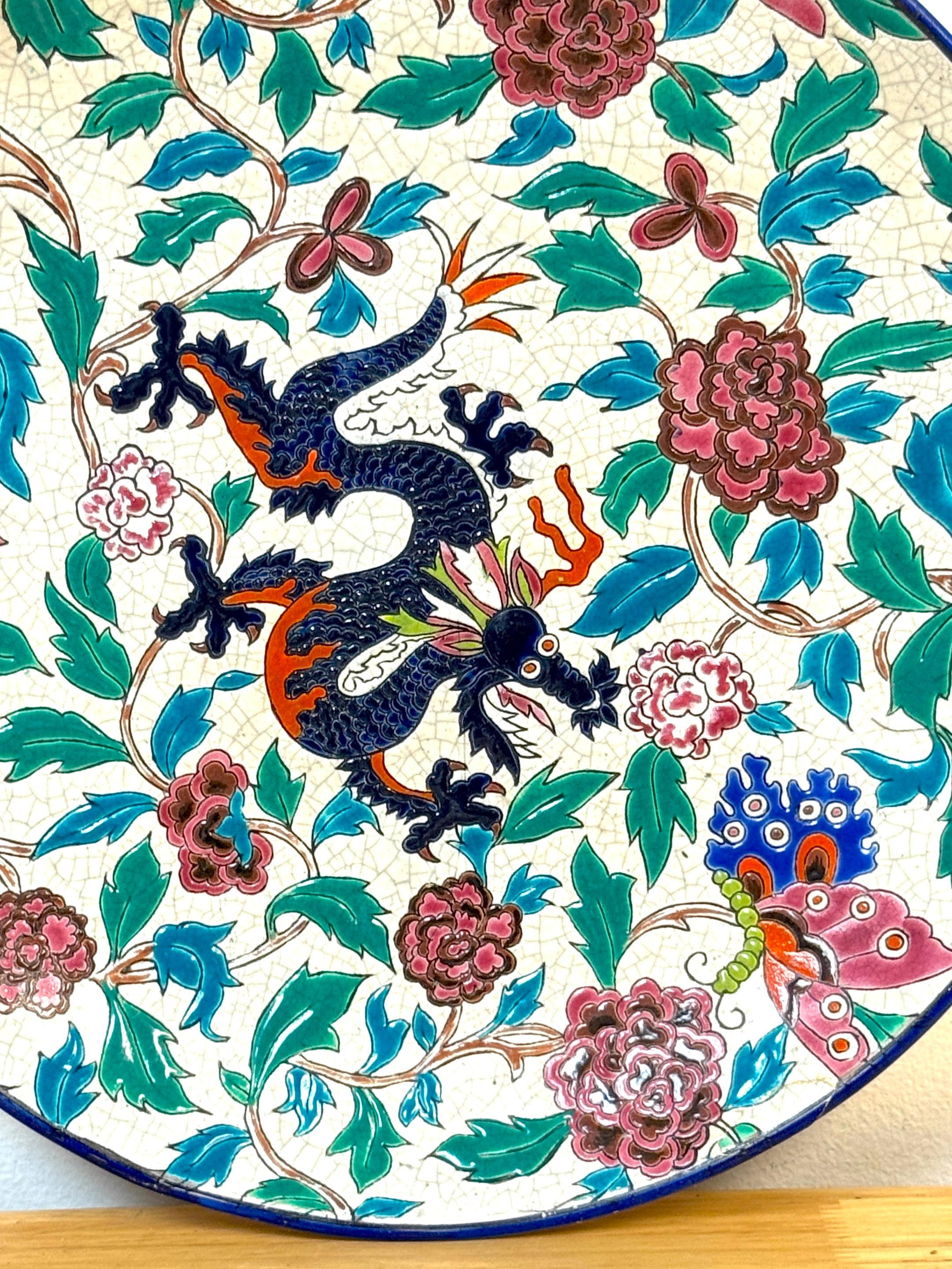 Aesthetic Movement Longwy Faience Cloisonné-Style Enamel Charger Dragon, Peonies, & Butterflies For Sale