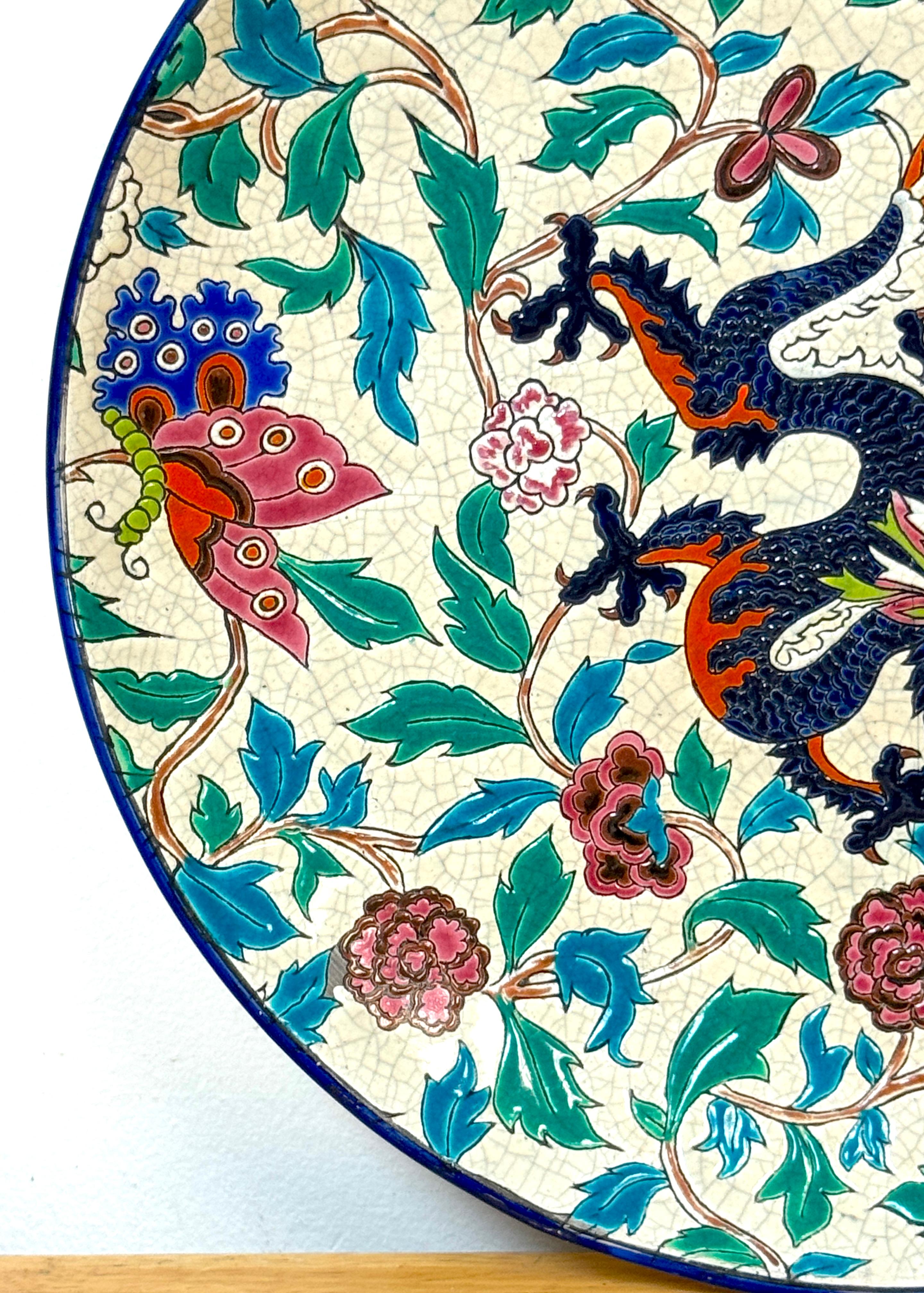 French Longwy Faience Cloisonné-Style Enamel Charger Dragon, Peonies, & Butterflies For Sale