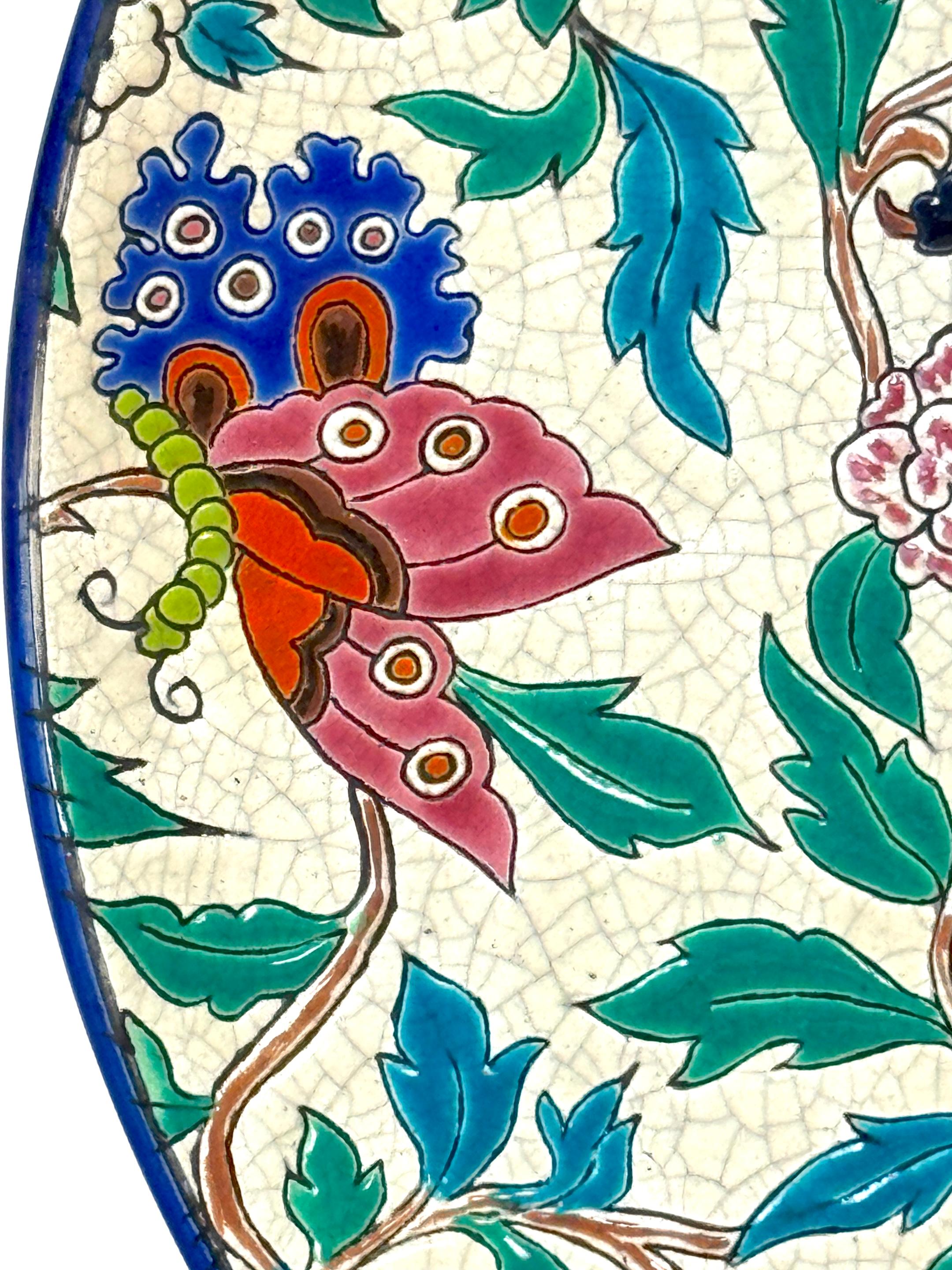 Enameled Longwy Faience Cloisonné-Style Enamel Charger Dragon, Peonies, & Butterflies For Sale