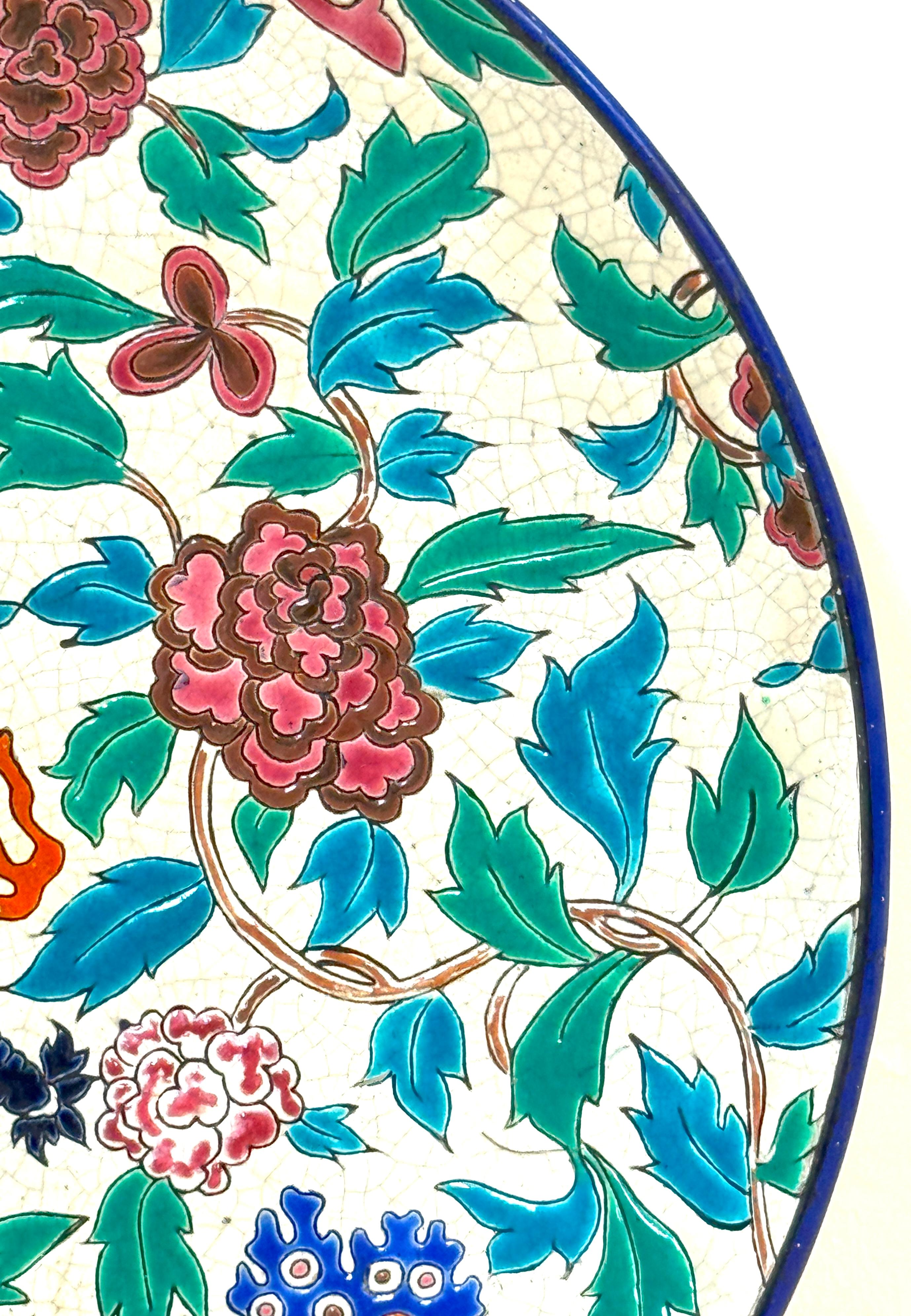 19th Century Longwy Faience Cloisonné-Style Enamel Charger Dragon, Peonies, & Butterflies For Sale