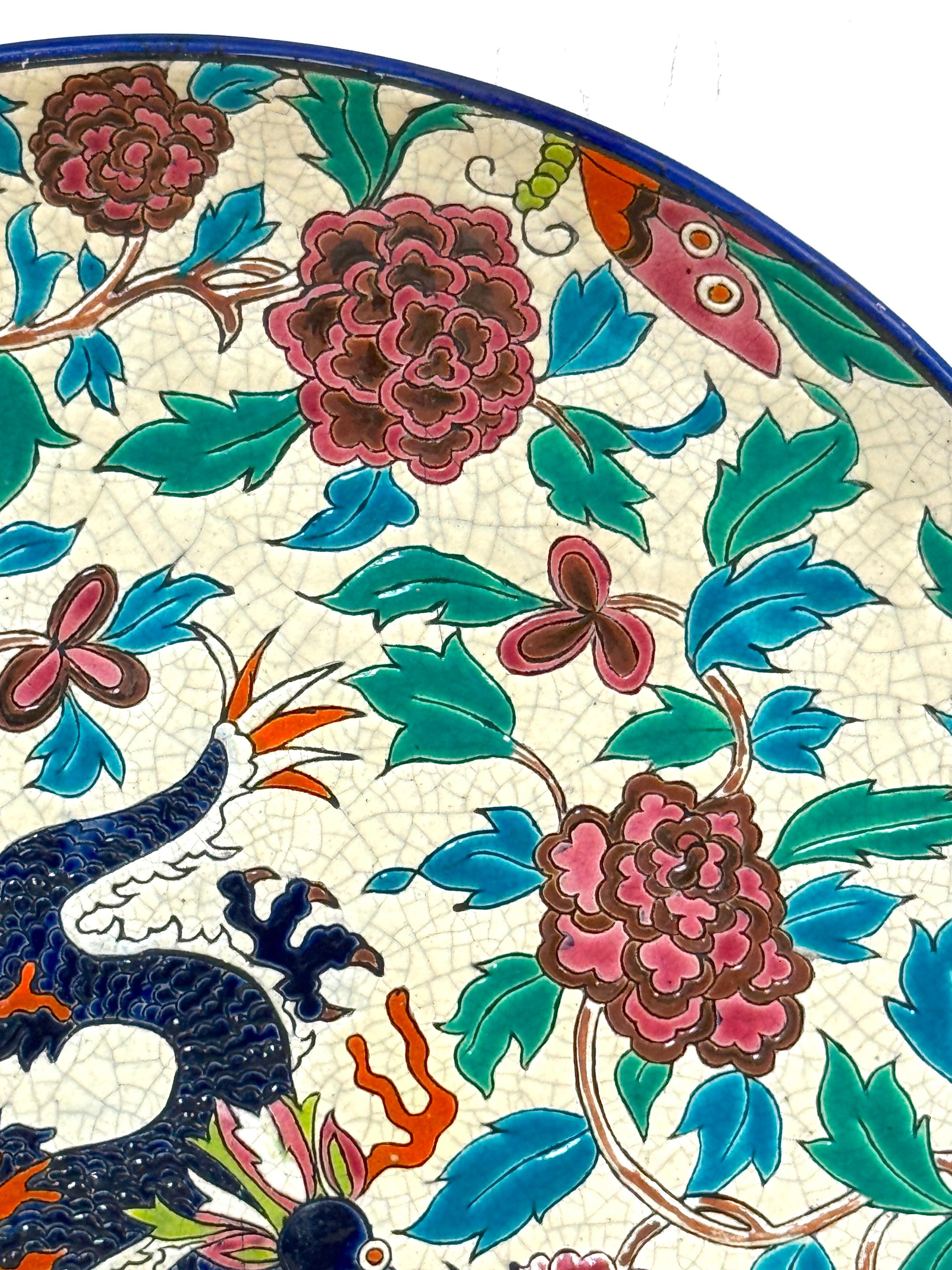 Pottery Longwy Faience Cloisonné-Style Enamel Charger Dragon, Peonies, & Butterflies For Sale
