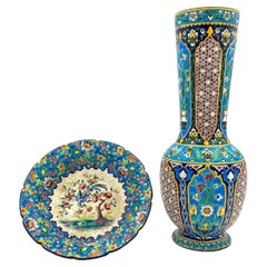 Longwy Faience Enamelled Plate and Vase