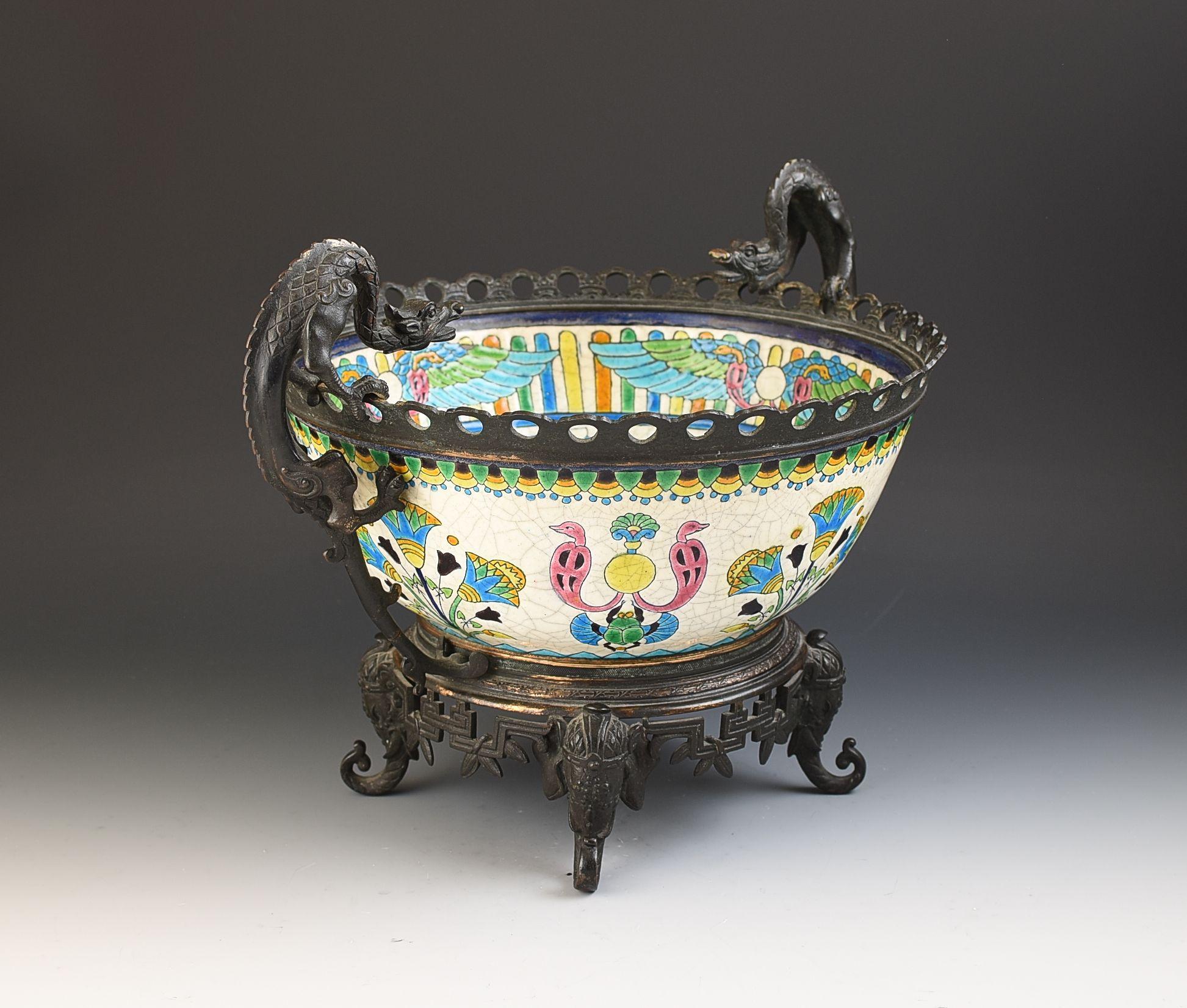 Aesthetic Movement Longwy FAIENCE FRENCH AETHSETIC MOVEMENT BRONZE MOUNTED DECORATIVE BOWL C.1885
