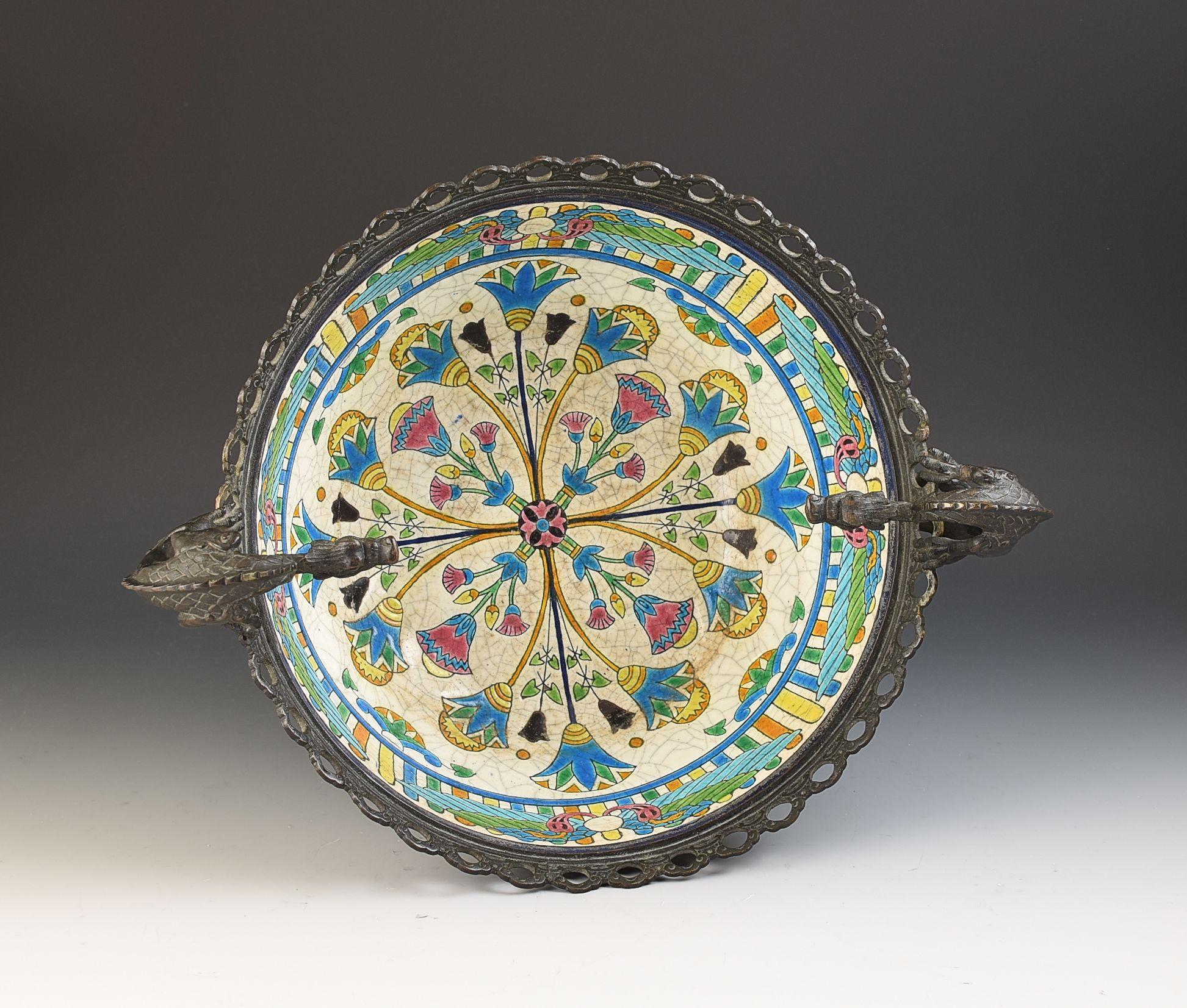 French Longwy FAIENCE FRENCH AETHSETIC MOVEMENT BRONZE MOUNTED DECORATIVE BOWL C.1885
