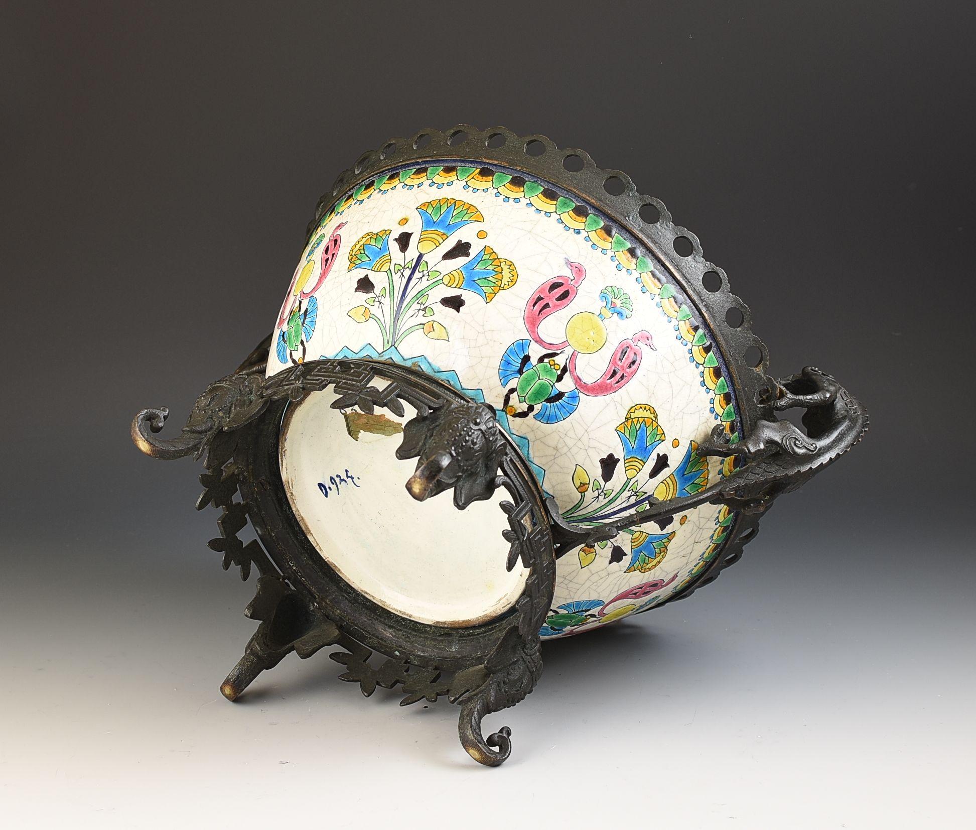 Hand-Painted Longwy FAIENCE FRENCH AETHSETIC MOVEMENT BRONZE MOUNTED DECORATIVE BOWL C.1885