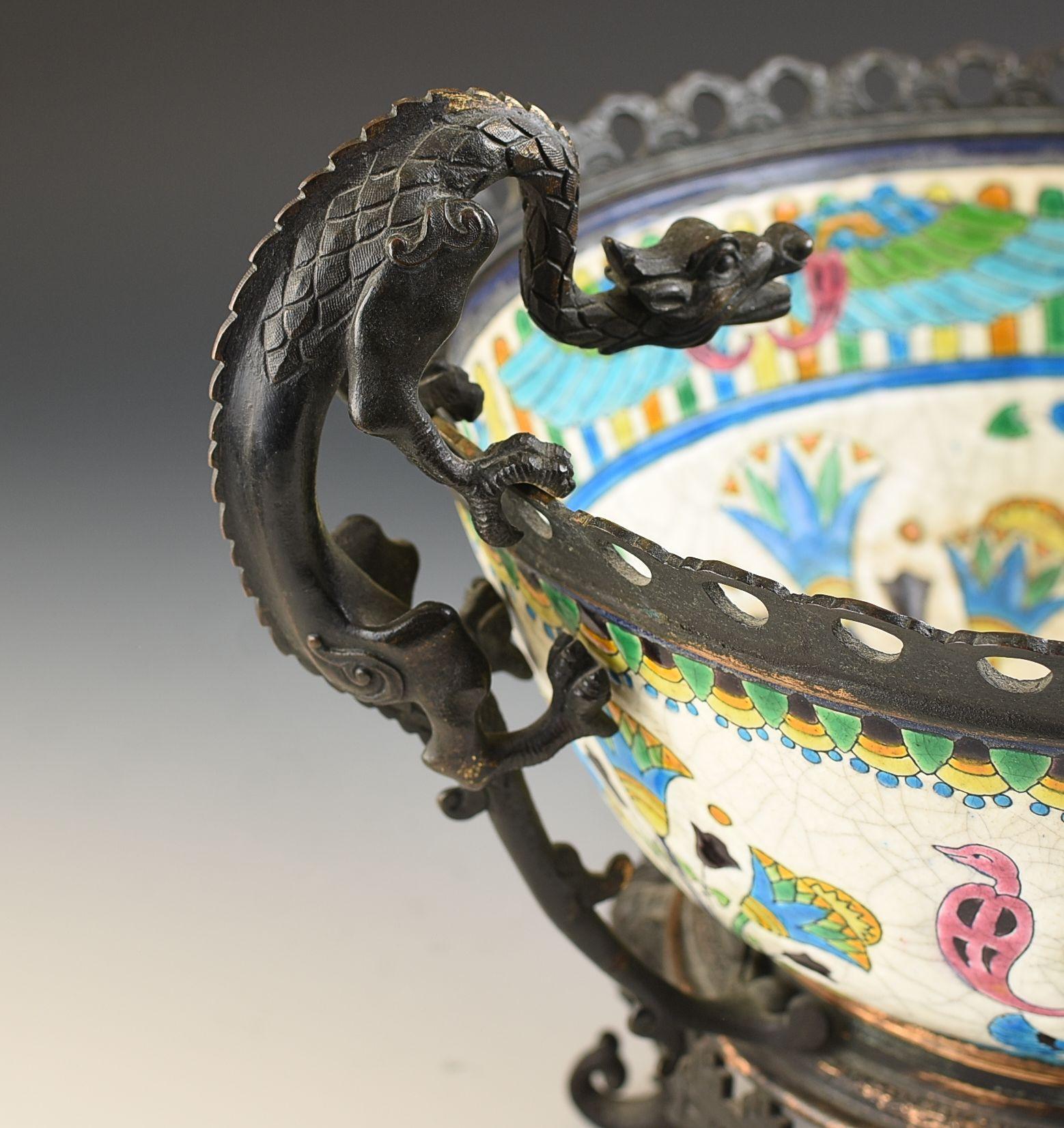 19th Century Longwy FAIENCE FRENCH AETHSETIC MOVEMENT BRONZE MOUNTED DECORATIVE BOWL C.1885