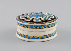 Longwy, France, Art Deco Lidded Box with Hand-Painted Blue Flowers, 1920s/30s