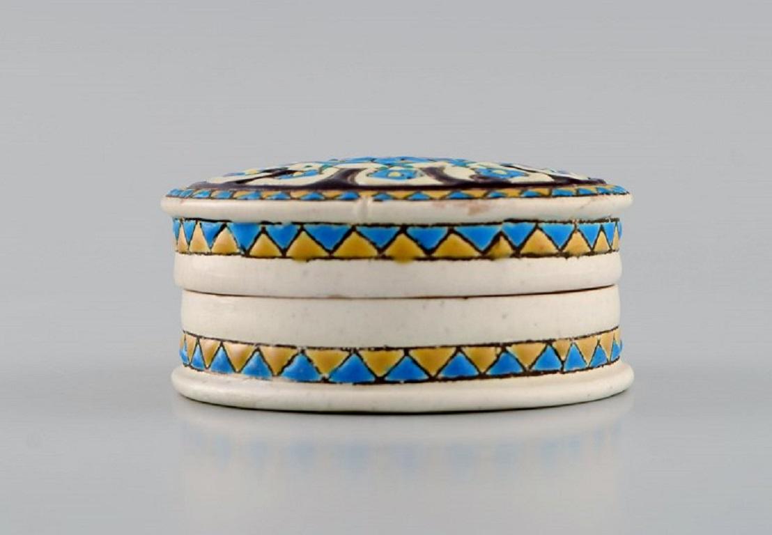 French Longwy, France, Art Deco Lidded Box with Hand-Painted Blue Flowers, 1920s/30s