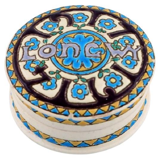 Longwy, France, Art Deco Lidded Box with Hand-Painted Blue Flowers, 1920s/30s