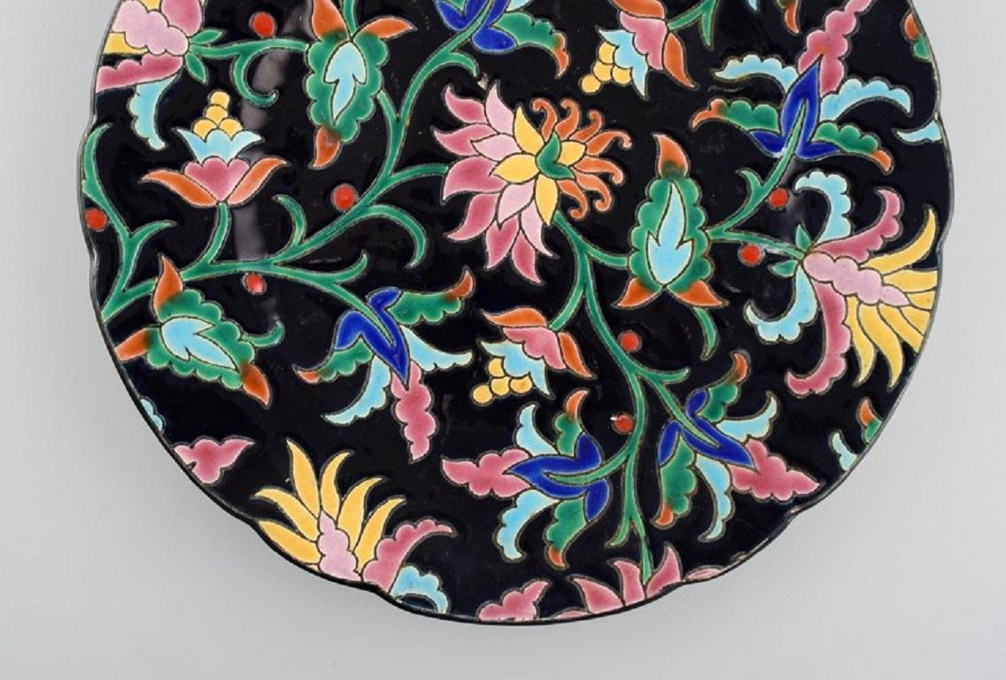 French Longwy, France, Art Deco Plate with Hand-Painted Flowers and Foliage, 1920/30s