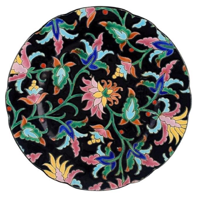Longwy, France, Art Deco Plate with Hand-Painted Flowers and Foliage, 1920/30s