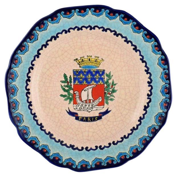 Longwy, France, Art Deco Plate with the Parisian Coat of Arms and Foliage For Sale