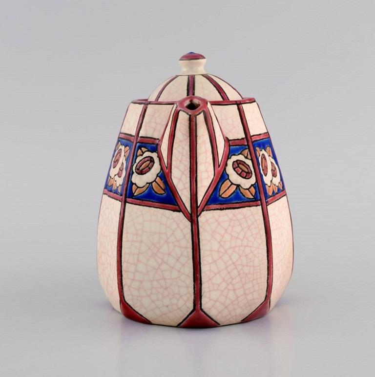 Longwy, France, Art Deco Teapot in Glazed Stoneware with Flower Decoration In Excellent Condition In Copenhagen, DK