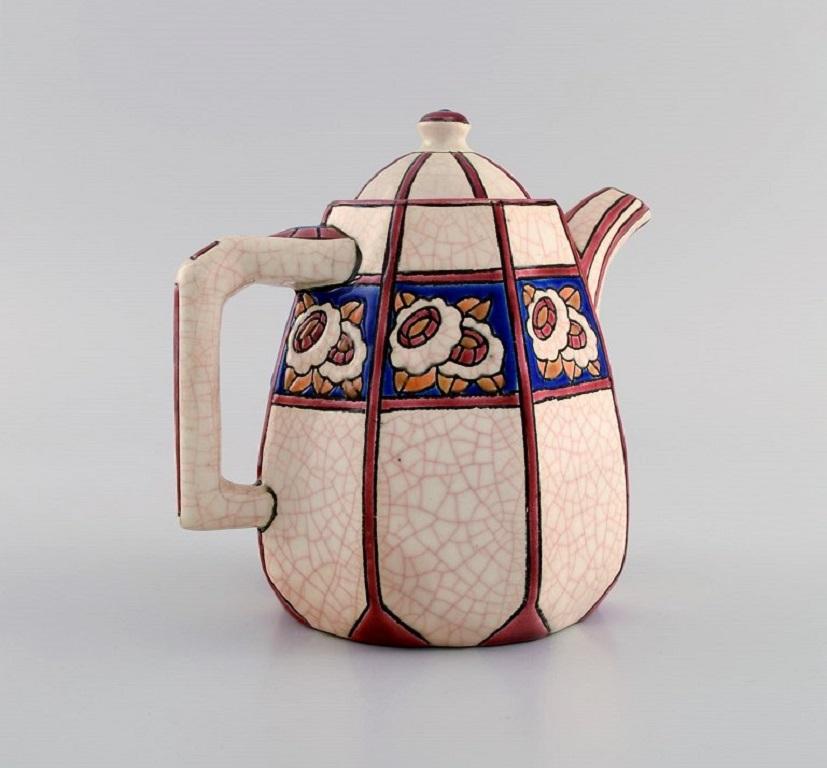 Longwy, France, Art Deco Teapot in Glazed Stoneware with Flower Decoration 2