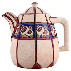 Longwy, France, Art Deco Teapot in Glazed Stoneware with Flower Decoration