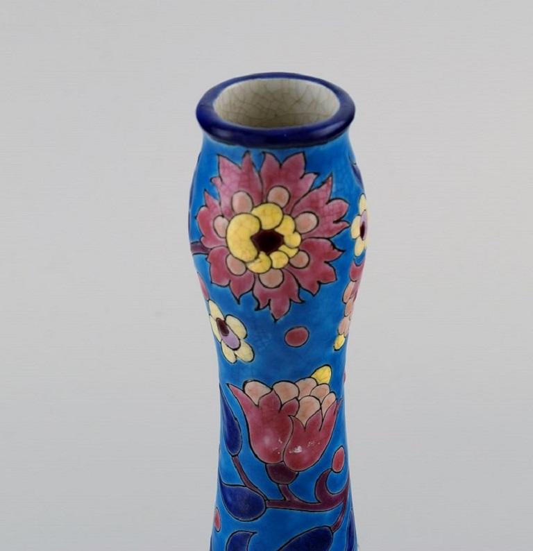 French Longwy, France, Art Deco Vase in Glazed Stoneware with Hand-Painted Flowers