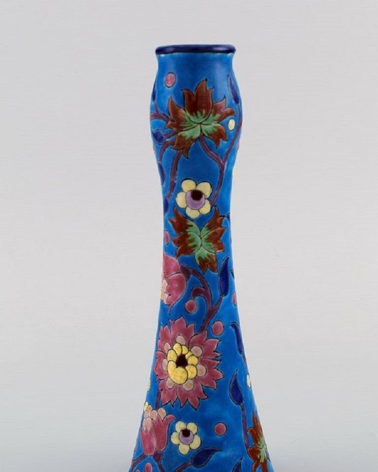 Longwy, France, Art Deco Vase in Glazed Stoneware with Hand-Painted Flowers In Excellent Condition In Copenhagen, DK