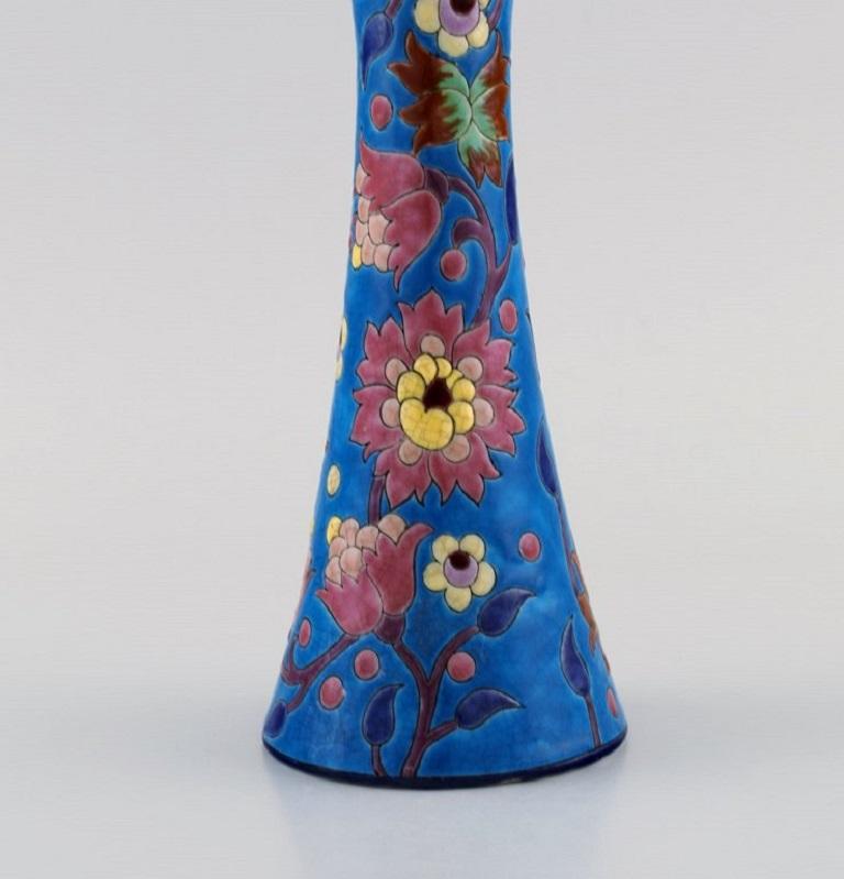 Early 20th Century Longwy, France, Art Deco Vase in Glazed Stoneware with Hand-Painted Flowers