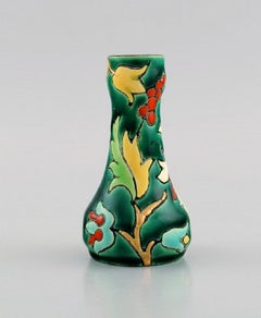 Longwy, France, Art Deco Vase with Hand-Painted Flowers on a Green Background