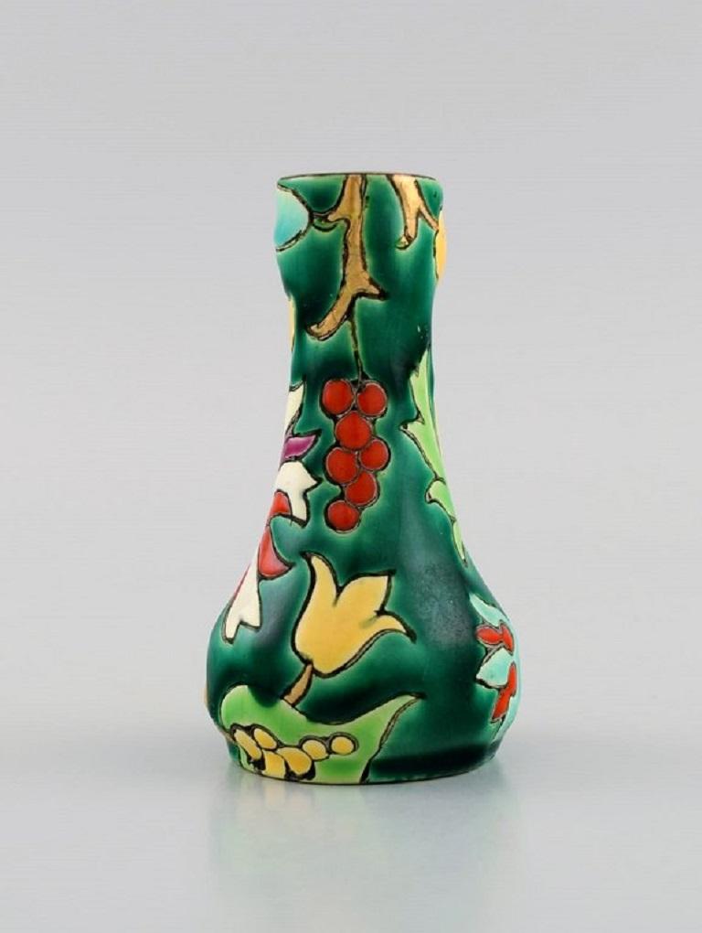 French Longwy, France, Art Deco Vase with Hand-Painted Flowers on a Green Background For Sale