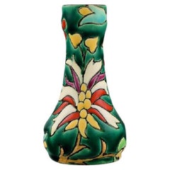 Longwy, France, Art Deco Vase with Hand-Painted Flowers on a Green Background