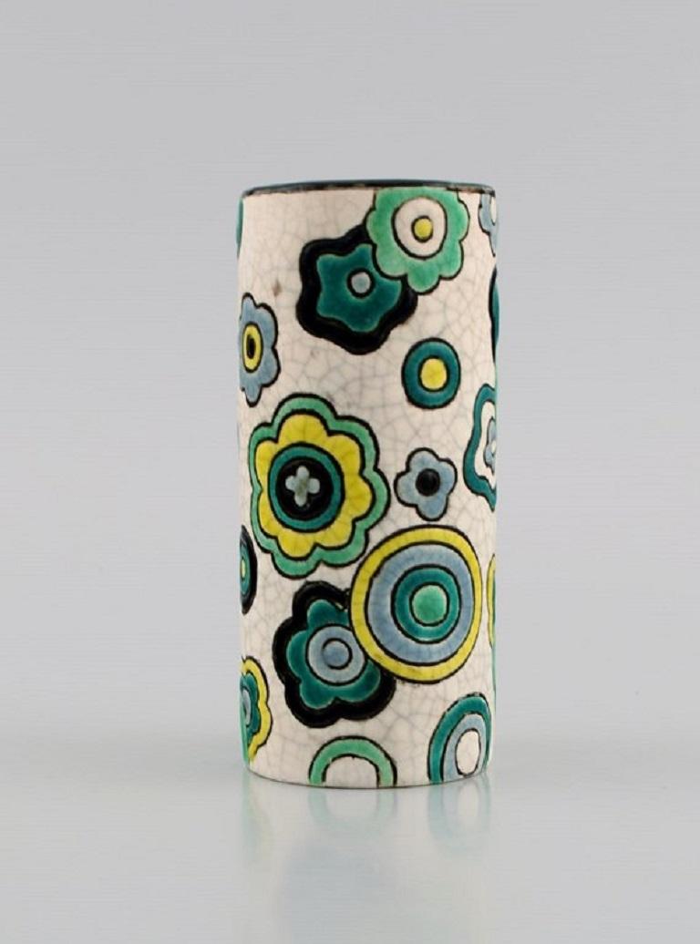 French Longwy, France, Art Deco Vase with Hand-Painted Flowers on a Light Background