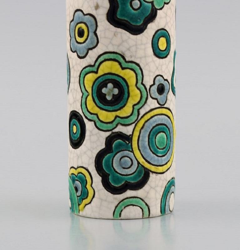 Early 20th Century Longwy, France, Art Deco Vase with Hand-Painted Flowers on a Light Background
