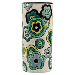Longwy, France, Art Deco Vase with Hand-Painted Flowers on a Light Background