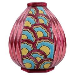 Longwy, France, Art Deco Vase with Hand-Painted Patterned Decoration, 1920s/30s