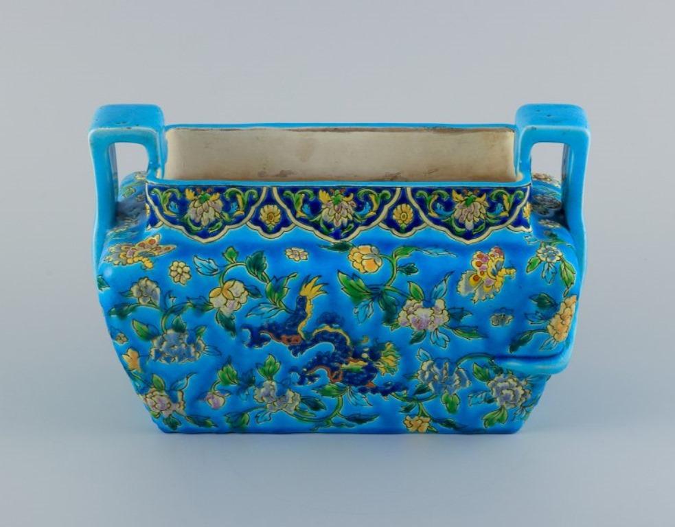 Early 20th Century Longwy, France. Large Art Deco jardiniere with handle. 1920s/30s