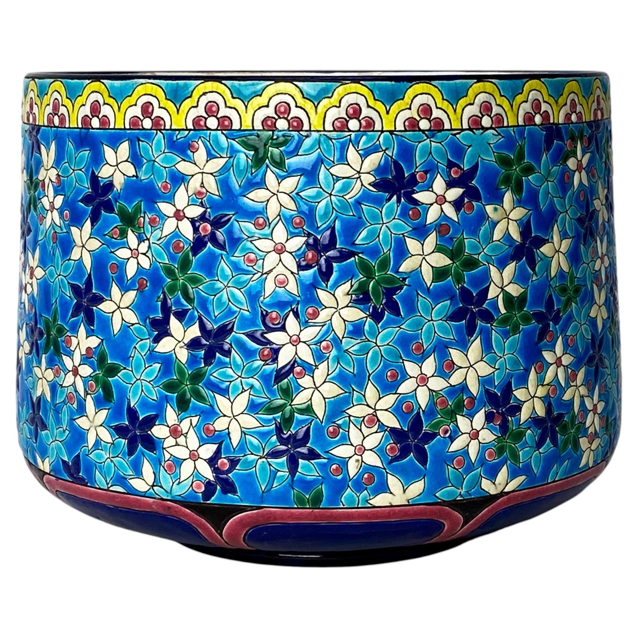 Cache-pot ou jardinière en faïence émaillée cloisonnée de style Art déco français de Longwy, vers les années 1930