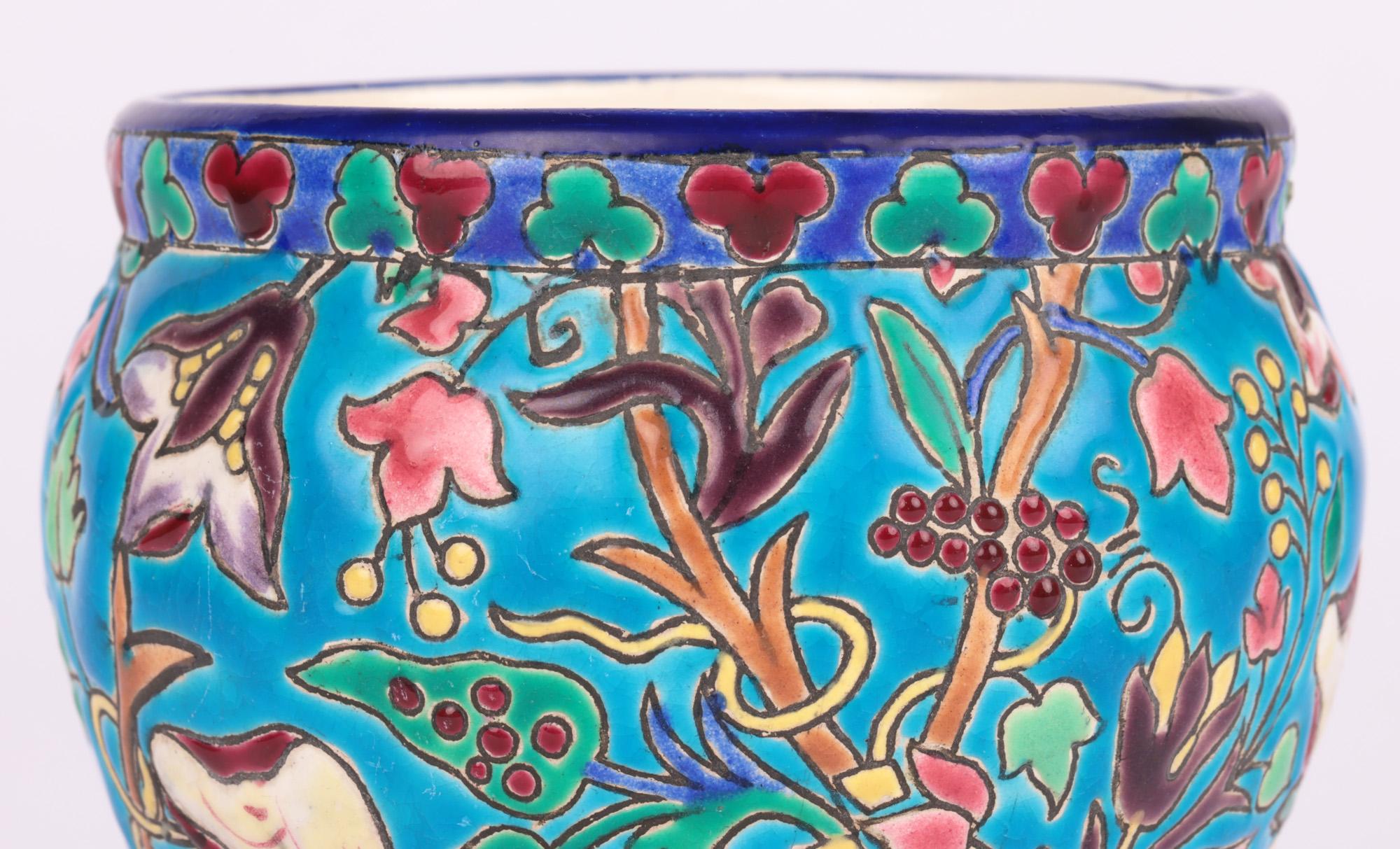 Glazed Longwy French Art Deco Majolica Floral Pattern Pottery Vase