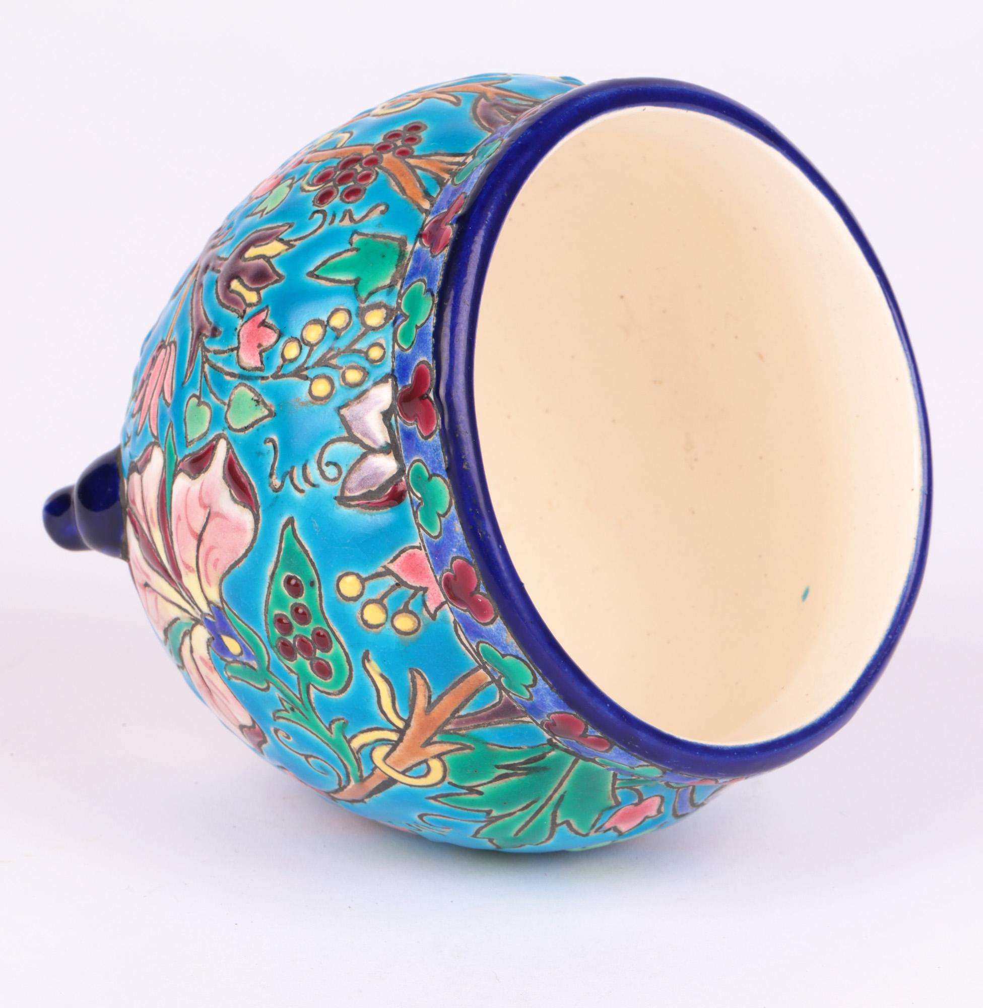 Longwy French Art Deco Majolica Floral Pattern Pottery Vase 1