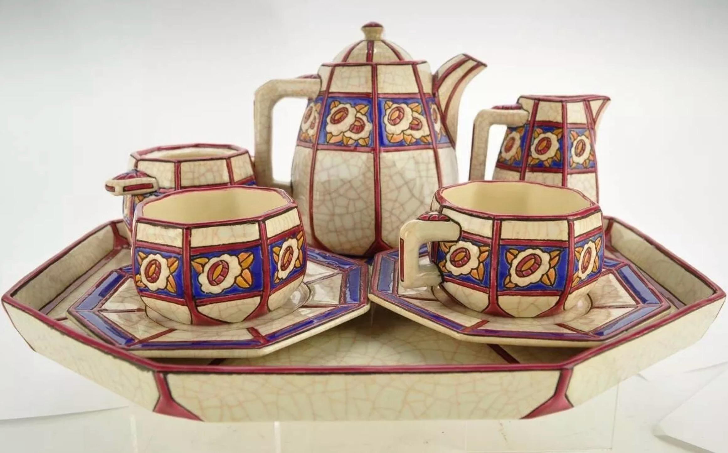 Longwy French ceramic Cloisonné Art Deco coffee tea suite. Perfect original condition with all matching pieces. Octagon shaped large tray, coffee or tea dispenser with creamer, sugar, and a pair of matching cups and saucers. Very beautiful suite of